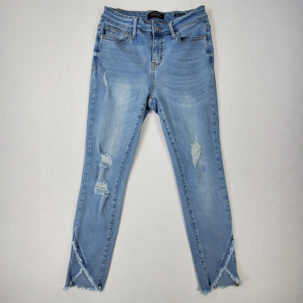 Judy Blue Skinny Jeans Womens 7/28 Light Wash Distressed Raw Hem Stretch